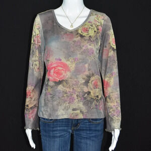 Xcit USA Petite Medium Long Sleeve Beige and Pink Floral V-Neck Blouse